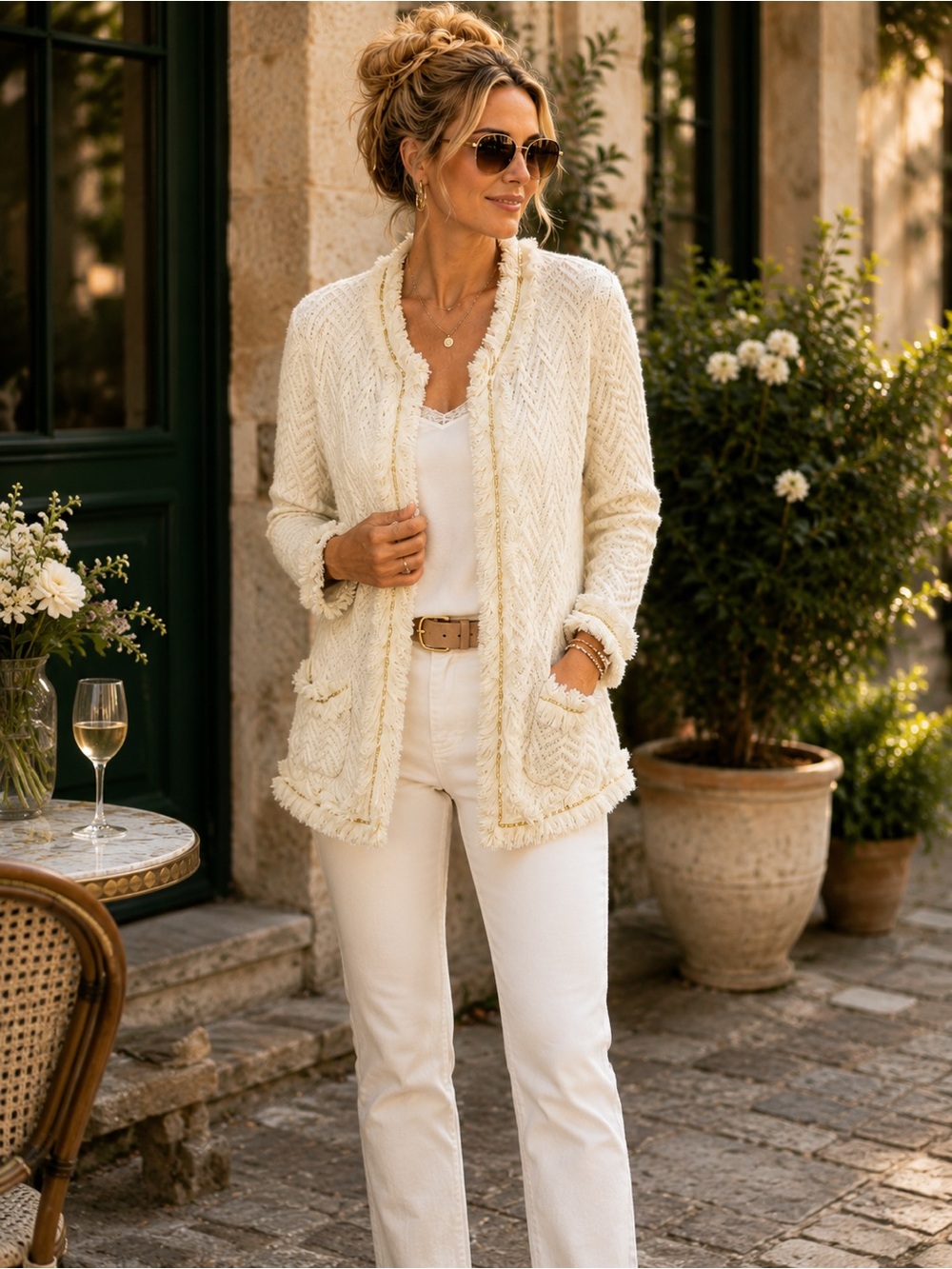 Chico’s Cream Gold Fringe Cardigan Sweater | Textured Knit Open Front SZ 1 (M/L)